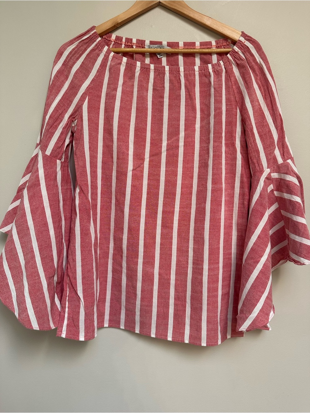 Fever Red & White Off‑Shoulder Striped Blouse Ruffled Bell Sleeves Women’s‎ S